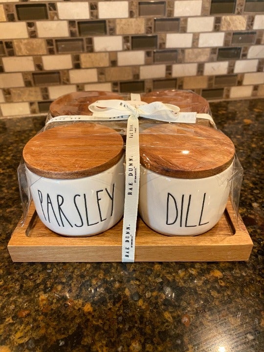 Rae Dunn 4 Herb Bowls w/Wooden Lids