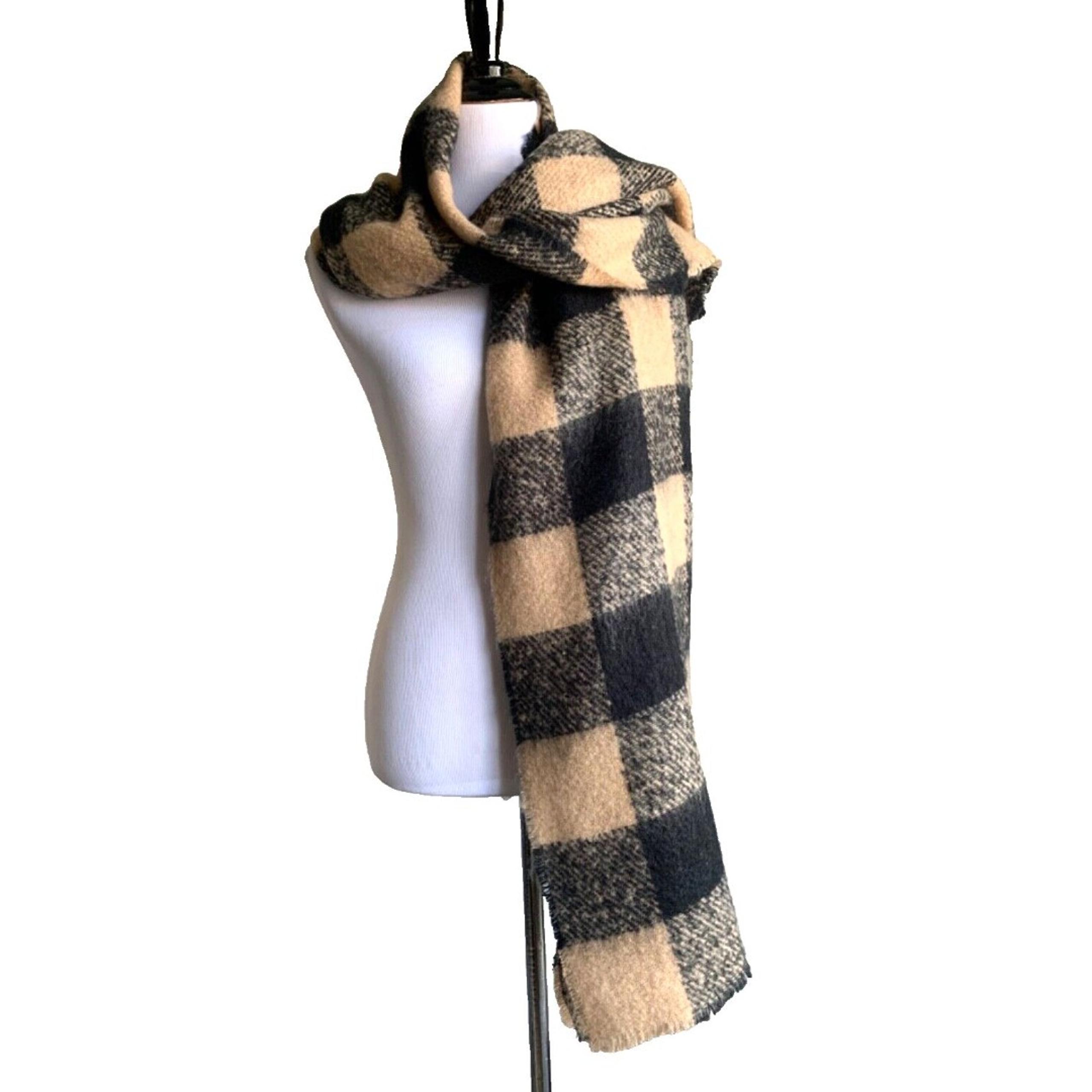Ann Taylor Loft Blanket Scarf Wrap One Size 75" X 28" Black Tan Plaid Fringe