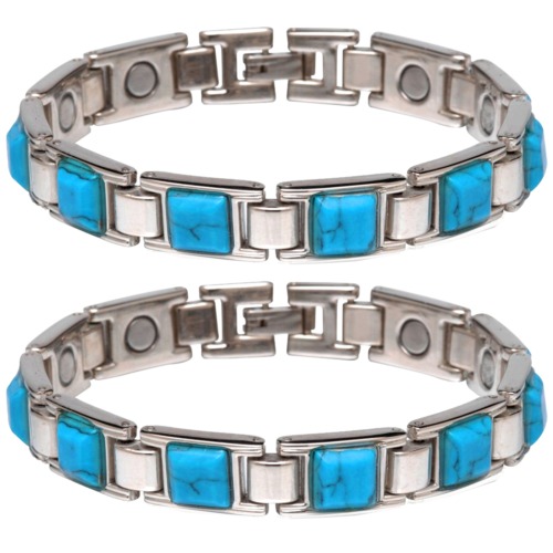2 Silver Magnetic Link Bracelet Turquoise Stone Gemstone Copper Arthritis Relief