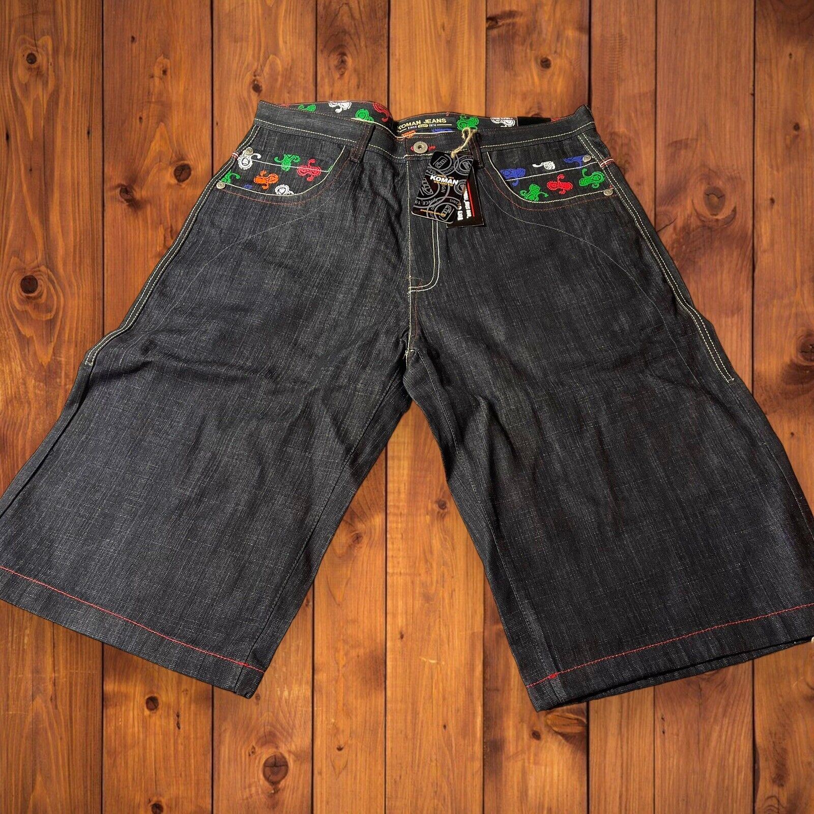 Vtg NWT Sz 38 Koman Denim Black Jeans Shorts Embellished Pockets Y2K Hip Hop