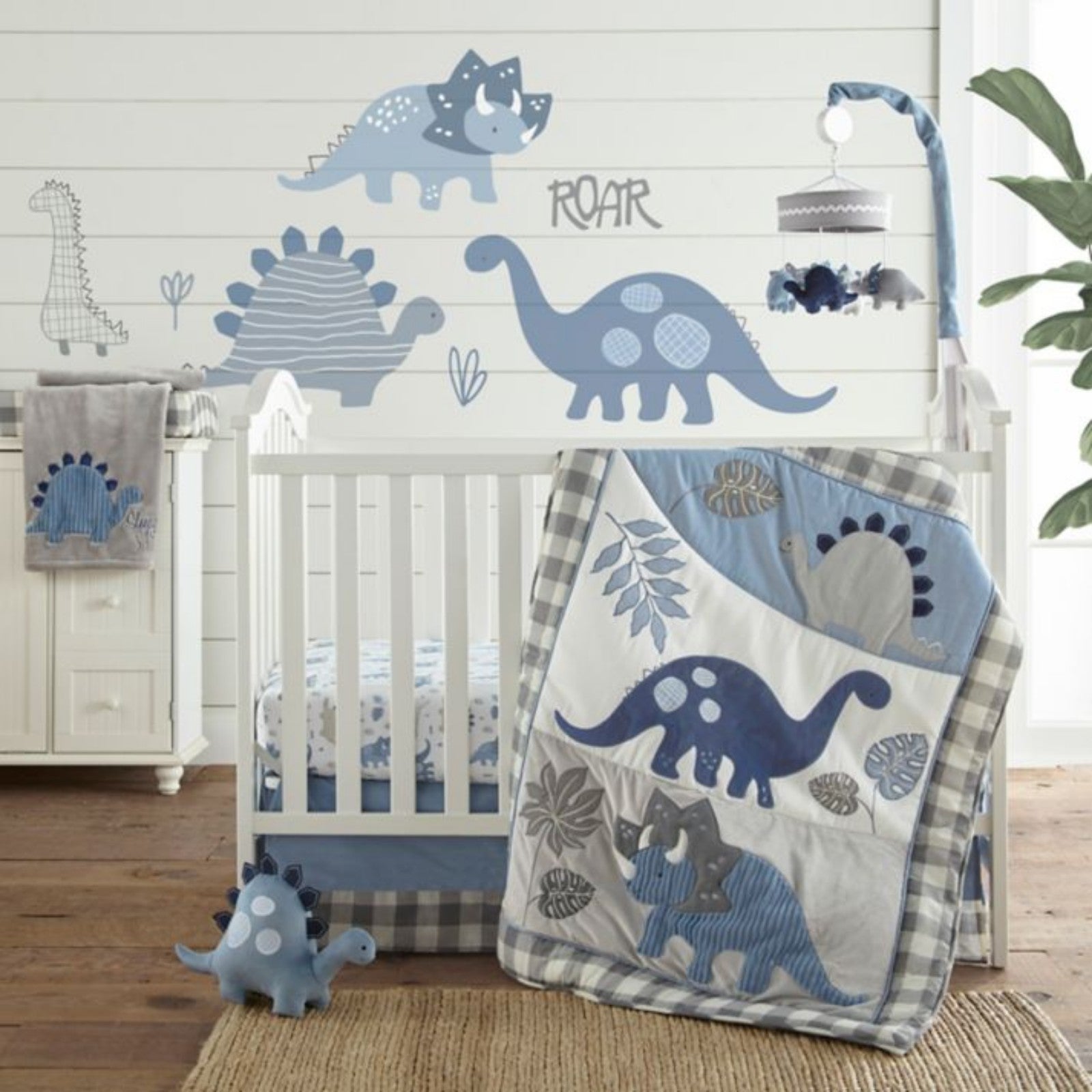 LEVTEX Baby Prehistoric Kipton Dinosaur 4-Piece Crib Toddler Blue Bedding Set
