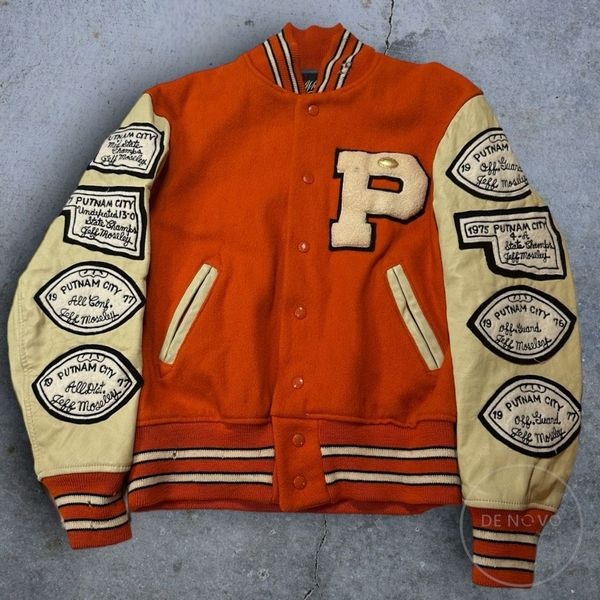 Vintage 1974-1977 Putnam City High School Varsity Jacket Orange Size 42 with Pat