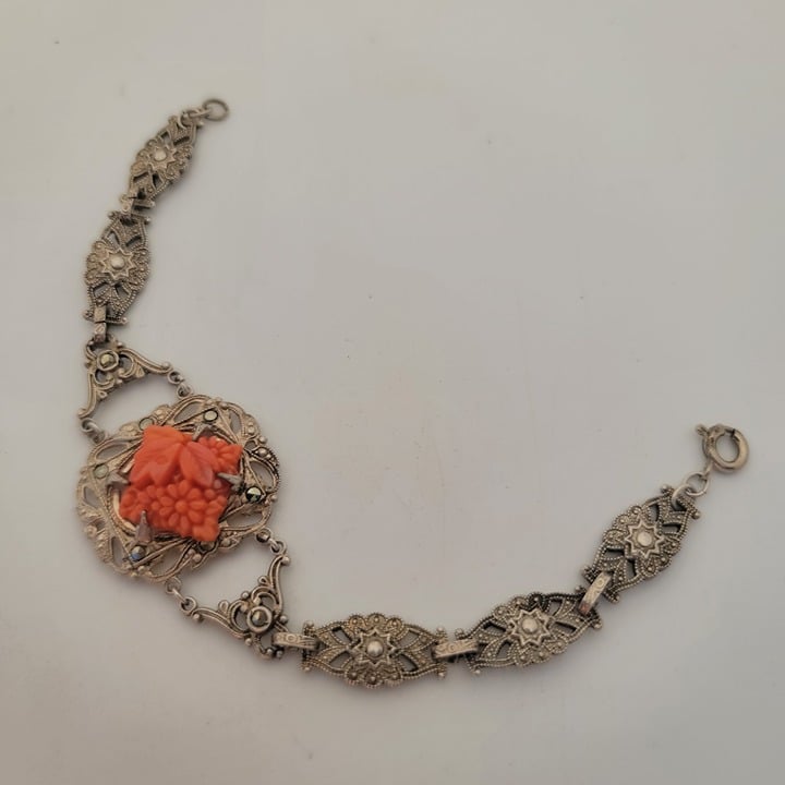 Antique Art Deco Molded/Poured Coral Glass, Marcasite & Sterling Bracelet