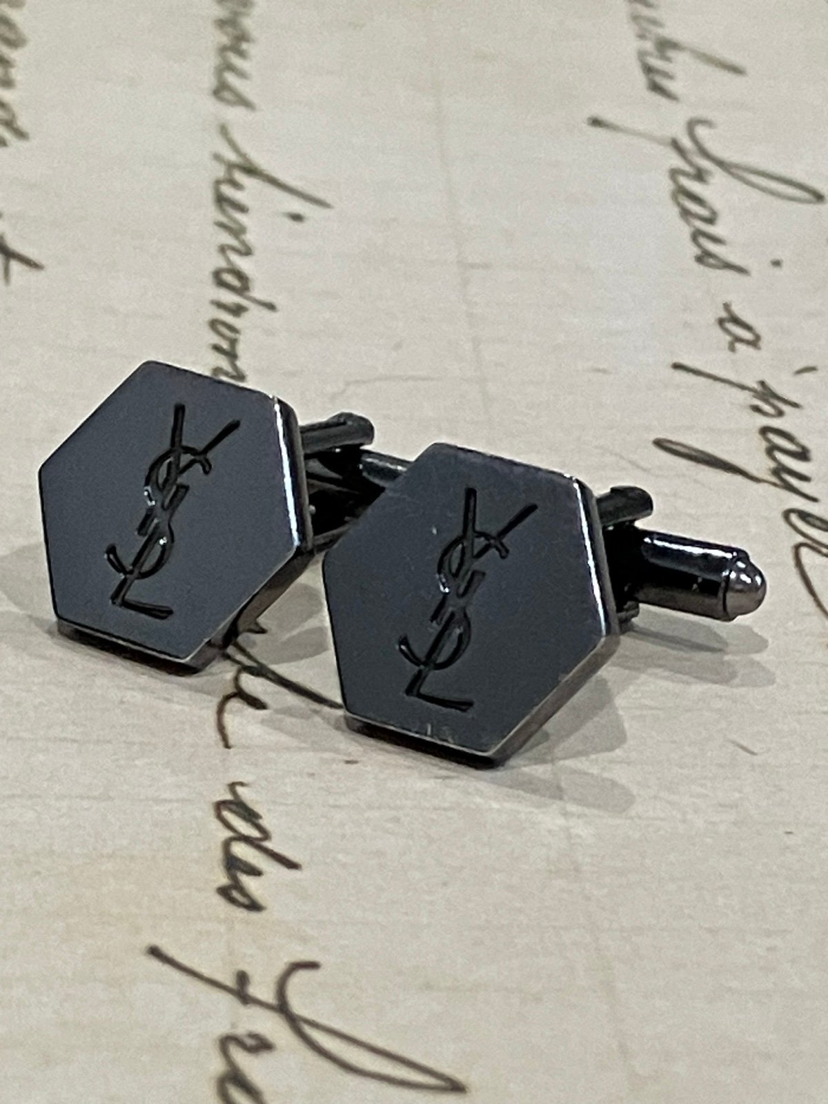 YSL REAL Yves Saint Laurent Logo Hexagon Cufflinks gunmetal Silver Cuff Links