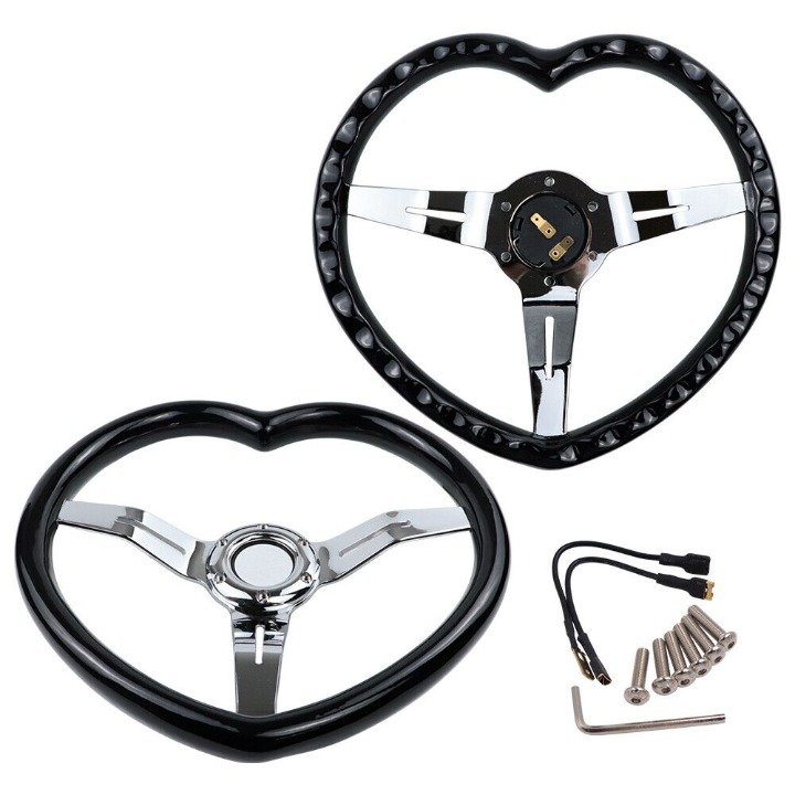 BRAND NEW 340MM Universal Heart Shaped Black ABS Steering Wheel Chrome Spoke
