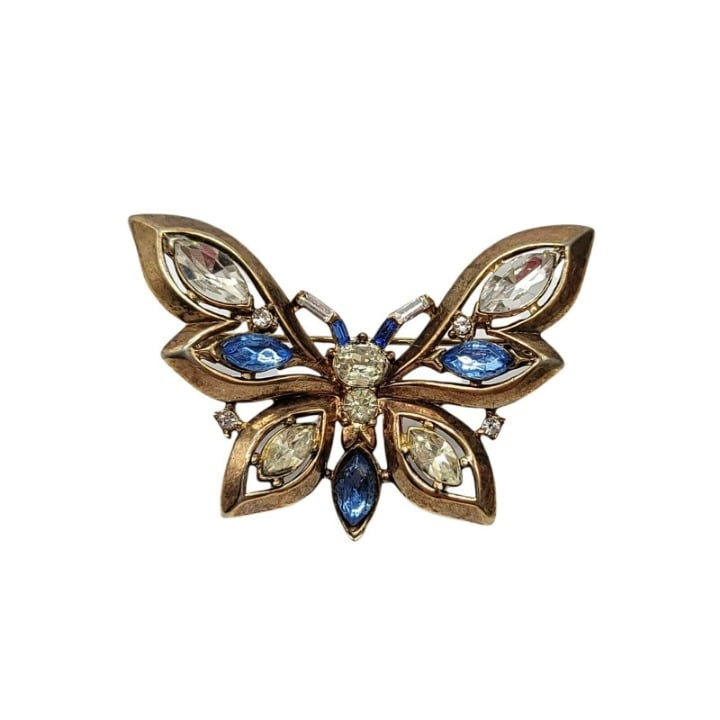 Alfred Philippe Crown Trifari Pat 159924 1950s Butterfly Pin Blue Rhinestones