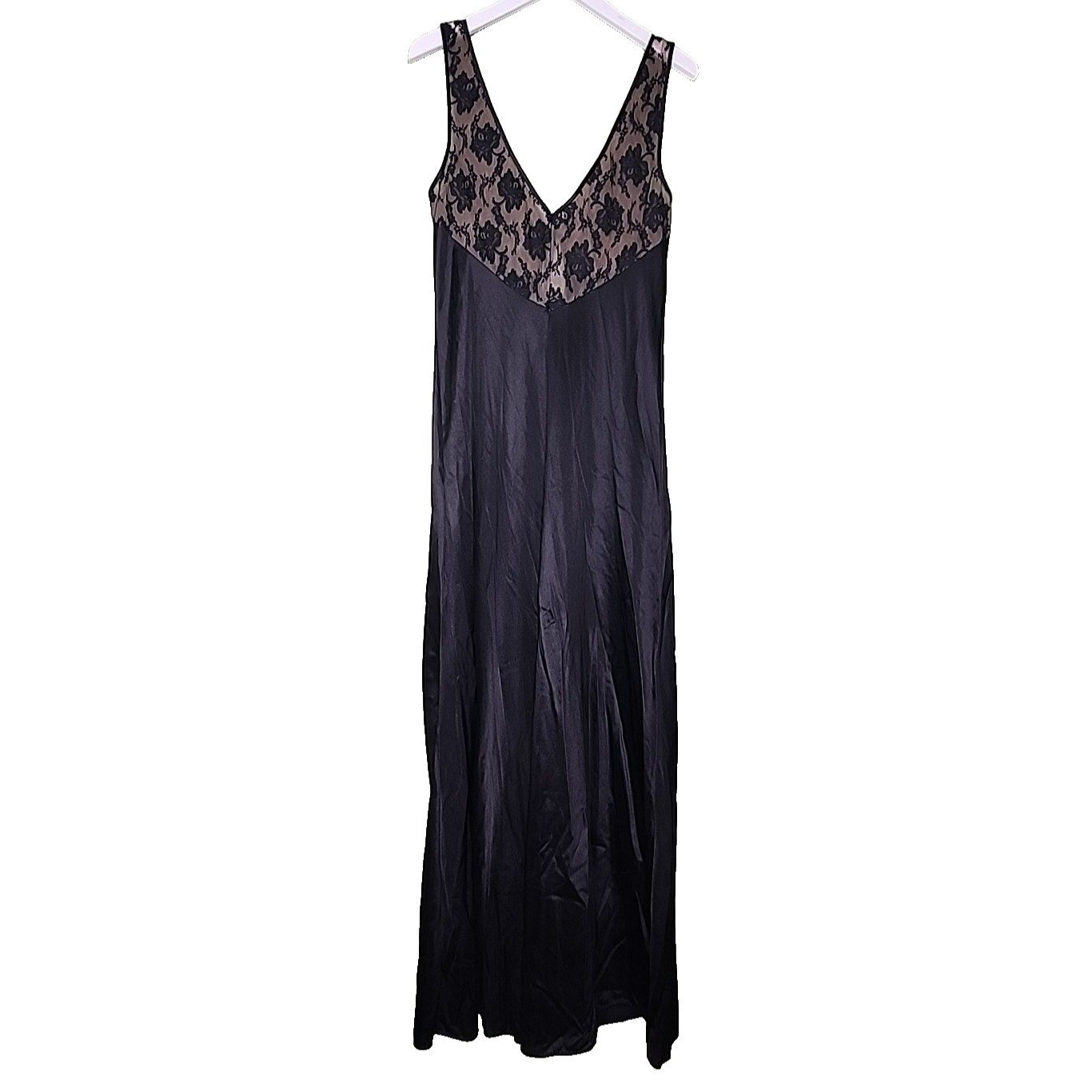 Vintage Black Nightgown Sheer Lace Lingerie Val Mode M Sleeveless Keyhole USA
