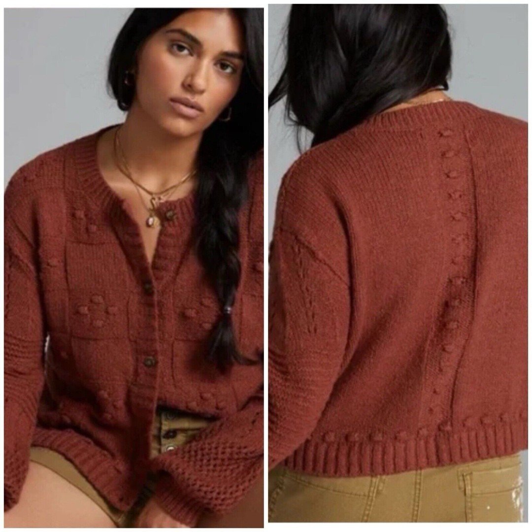 ANTHROPOLOGIE Pilcro Textured Puff Sleeve Cardigan Sweater Size XL Button Front