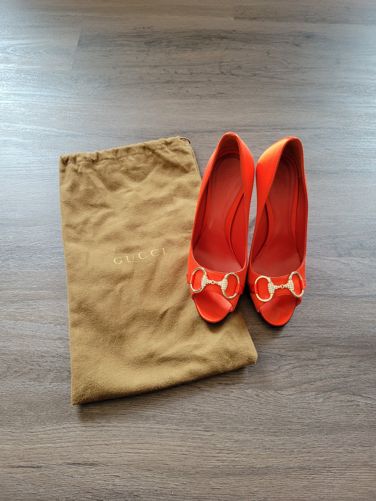 Gucci Orange Gold Horsebit Leather Peep Toe Heels Size 6