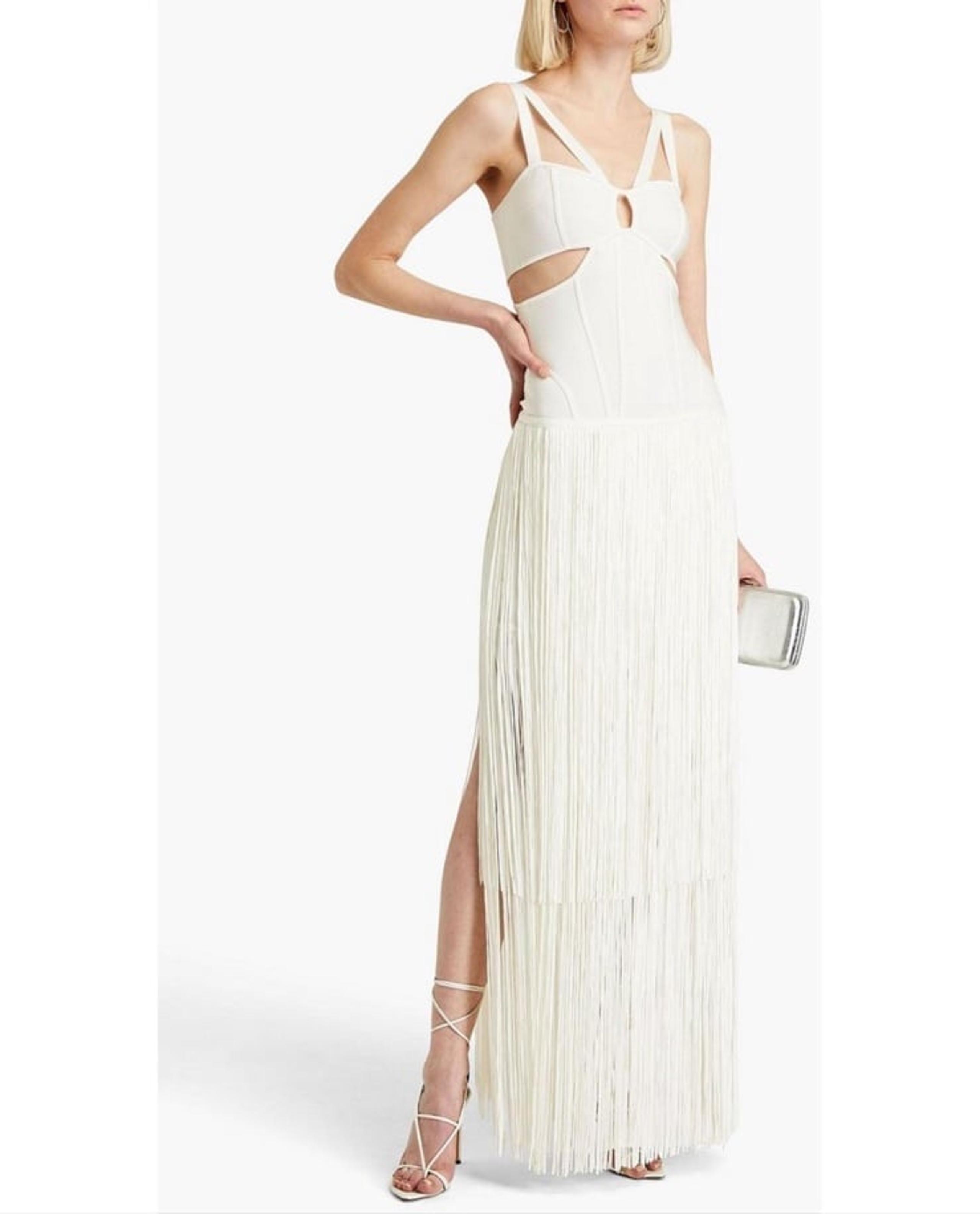 NWT Herve Leger fringe dress with cutouts in off white