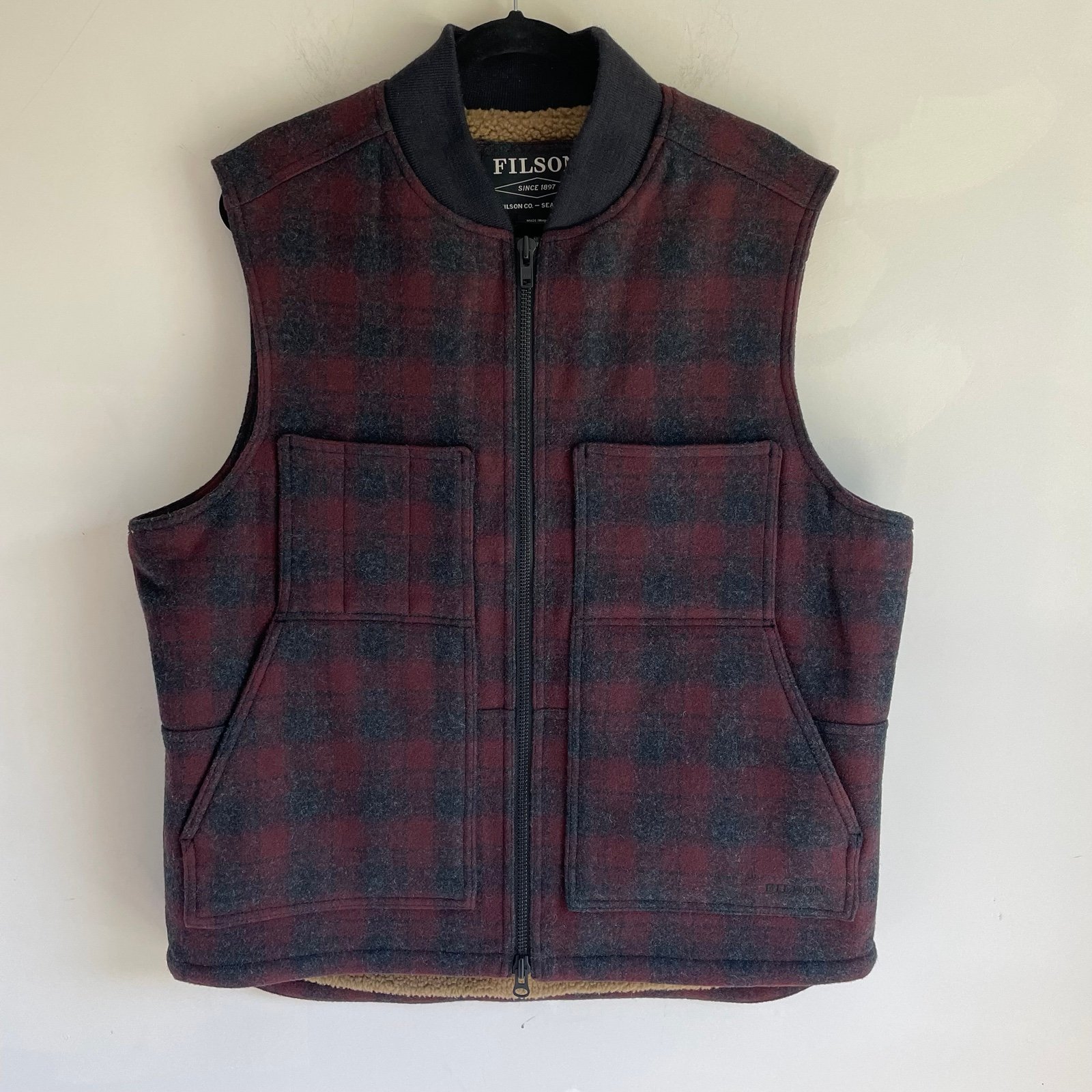 Filson Lined Mackinaw Wool Work Vest Maroon Charcoal Gray Sherpa Size Large