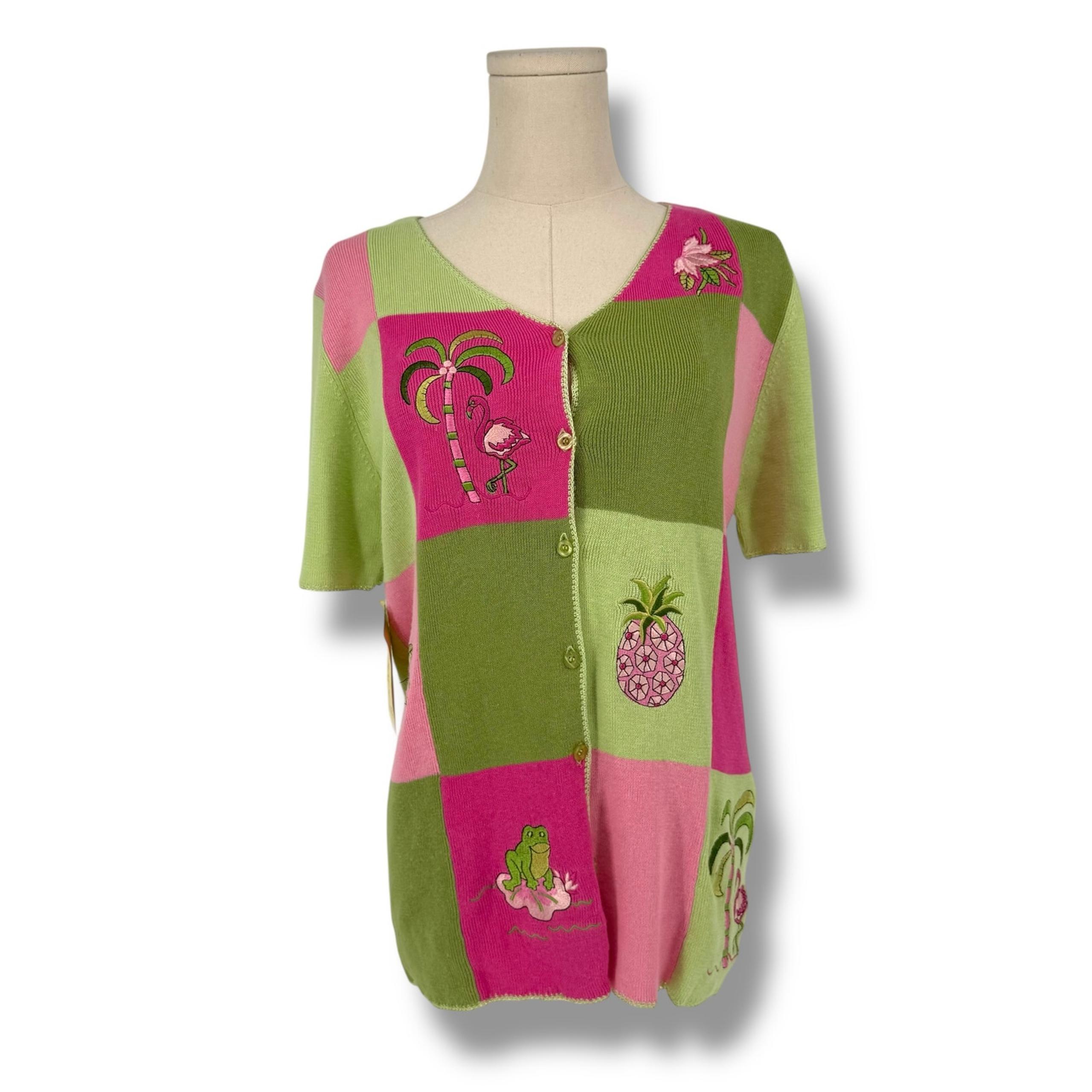 Vintage 1990s JENNY Flamingo Novelty Cardigan Sweater L NWT Tropical Embroidered