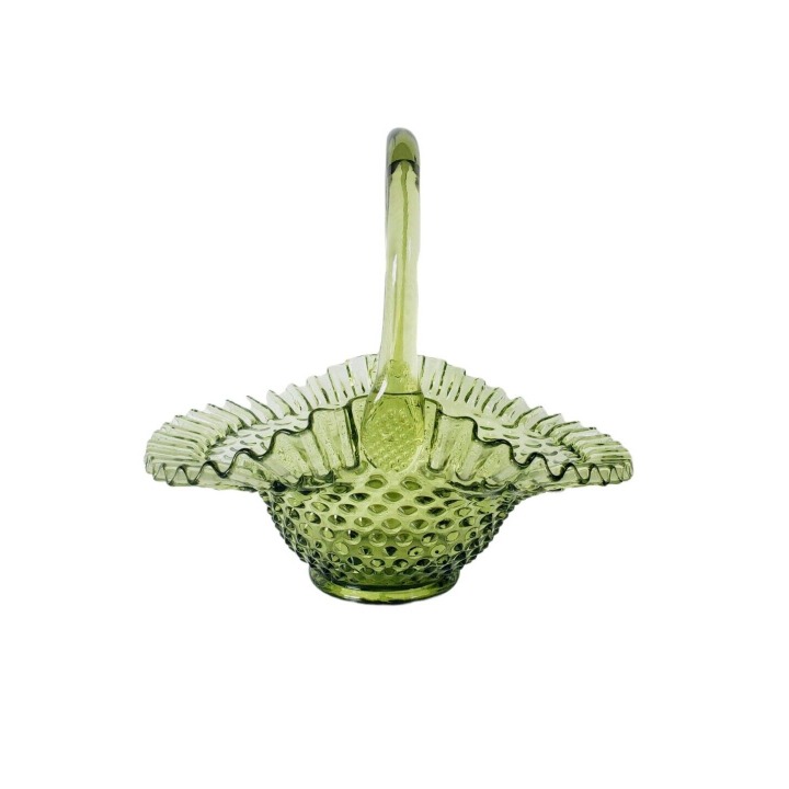 Vintage Fenton Hobnail Avocado Green Art Glass Basket W/ Attached Handle 10