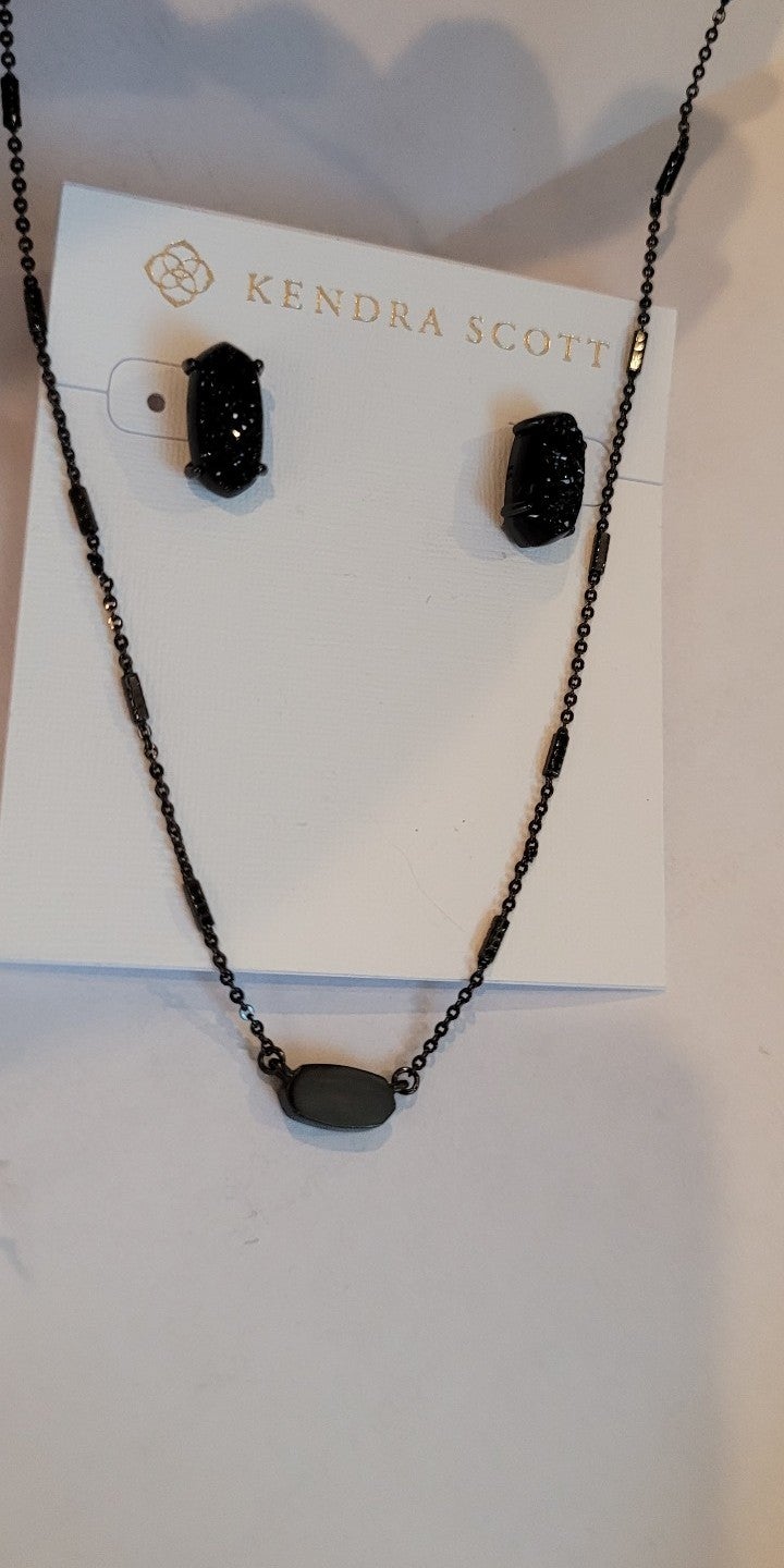 Kendra Scott black drusy stud earrings & necklace in gunmetal set