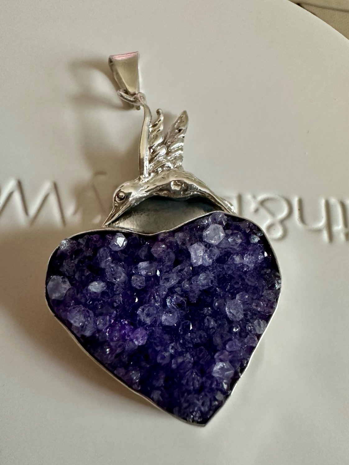 Amethyst Druzy heart pendant with humming bird