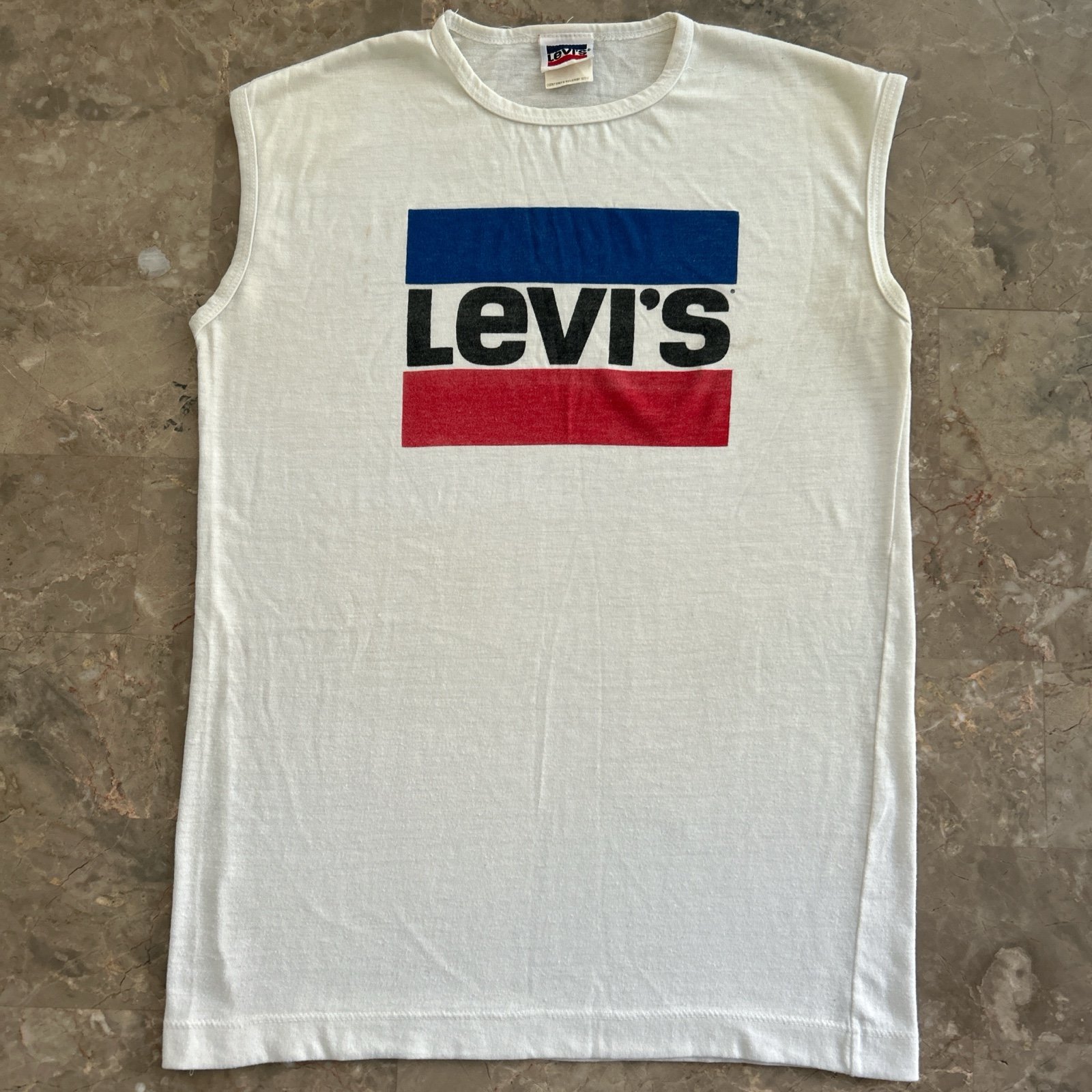 Vintage 80s Levi’s Tank Top XS Made in USA White Cotton Polyester