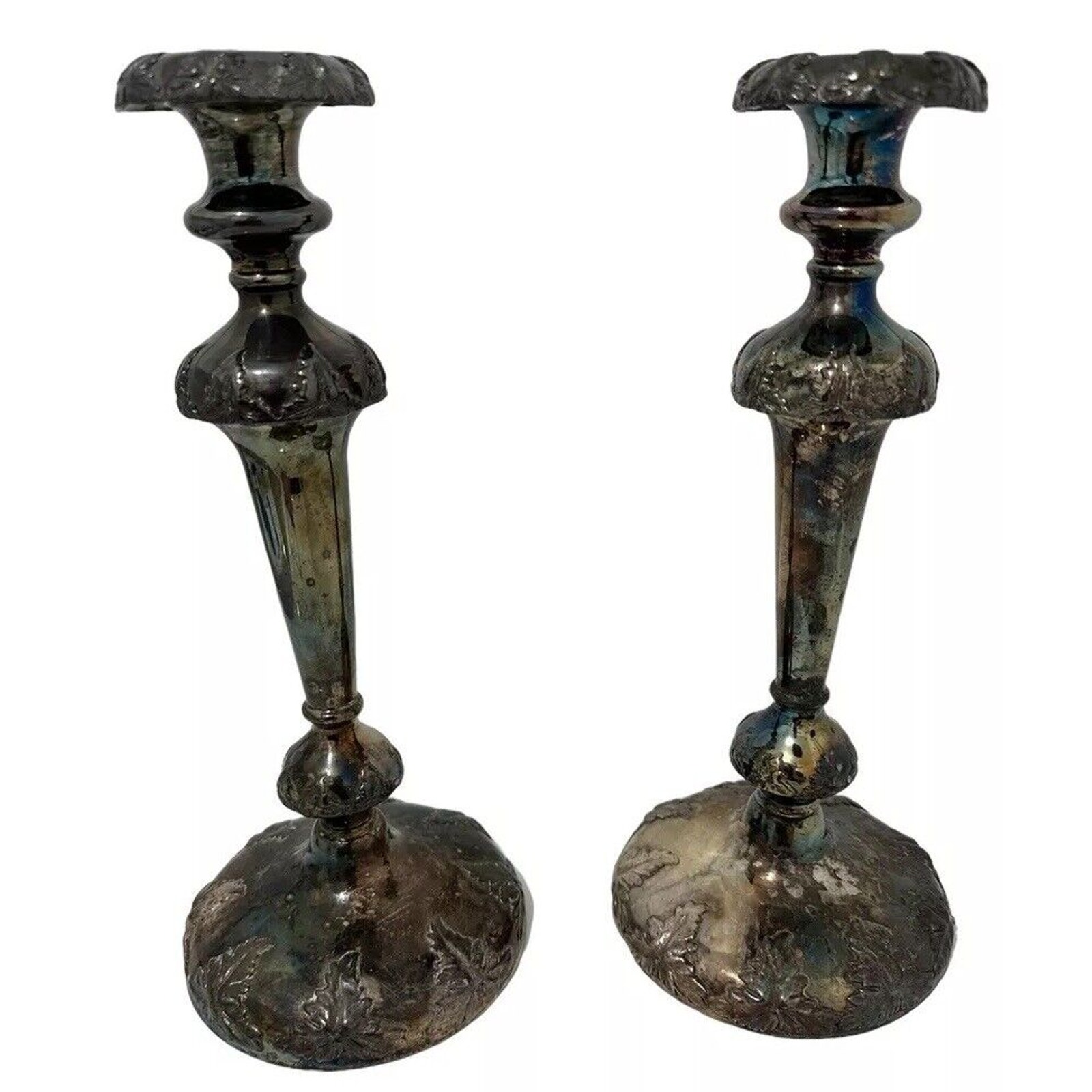 Antique Pair 19th century Silver Plate Candlesticks Elaborate Bridgerton Patina