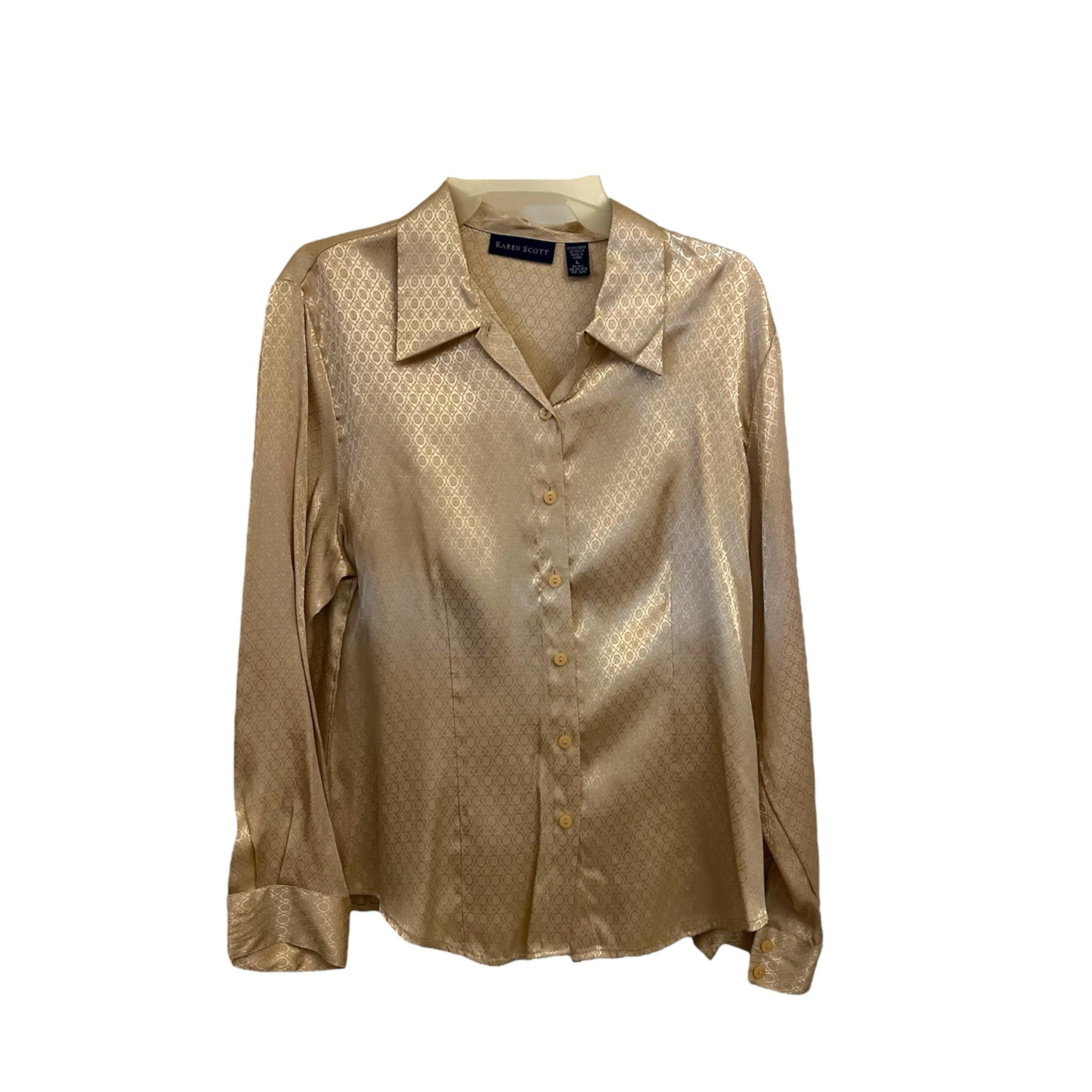 3/$15 Vtg Champagne Colored Karen Scott Buttoned Down Blouse Size L Patterned