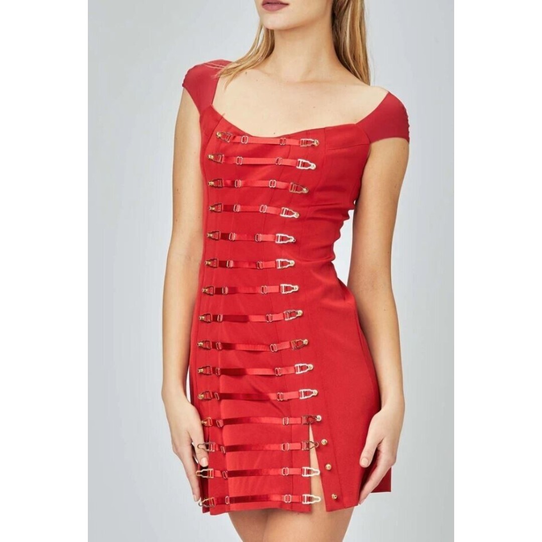 MURMUR NWT Secure Red Dress Off Shoulder Mini Suspenders Retail 805 Sz 36 US 4