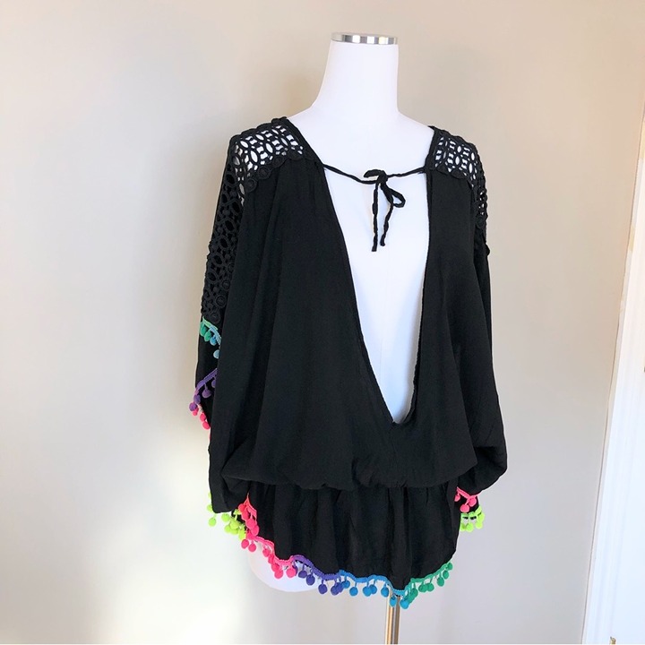 Made in Italy black gauzy swimsuit cover colorful rainbow Pom Pom trim S