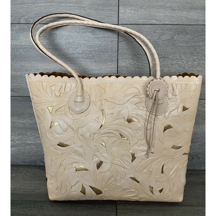 Patricia Nash Leather Estella Tote with Scallop Trim off white bag shoulder tote