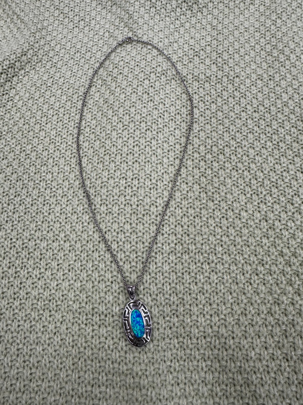 Italy S925 Vintage Opal Oval Greek Key Sterling Silver Pendant Necklace