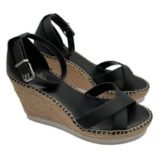Charles David Sandals Espadrilles Wedges Black Leather Size 9 M Gold Toe