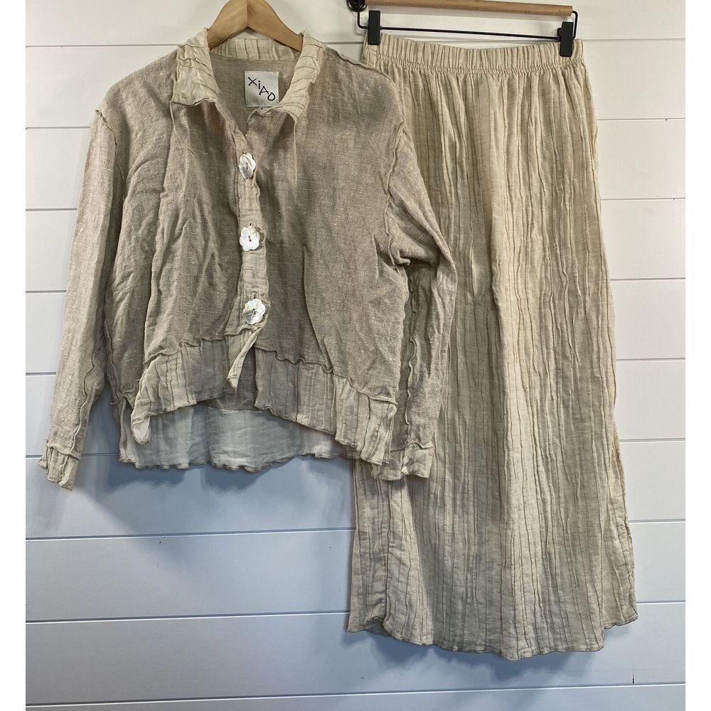 Xiao Womens 100% Linen Jacket and Pleated Maxi Skirt size M Beige Artsy Bohemian