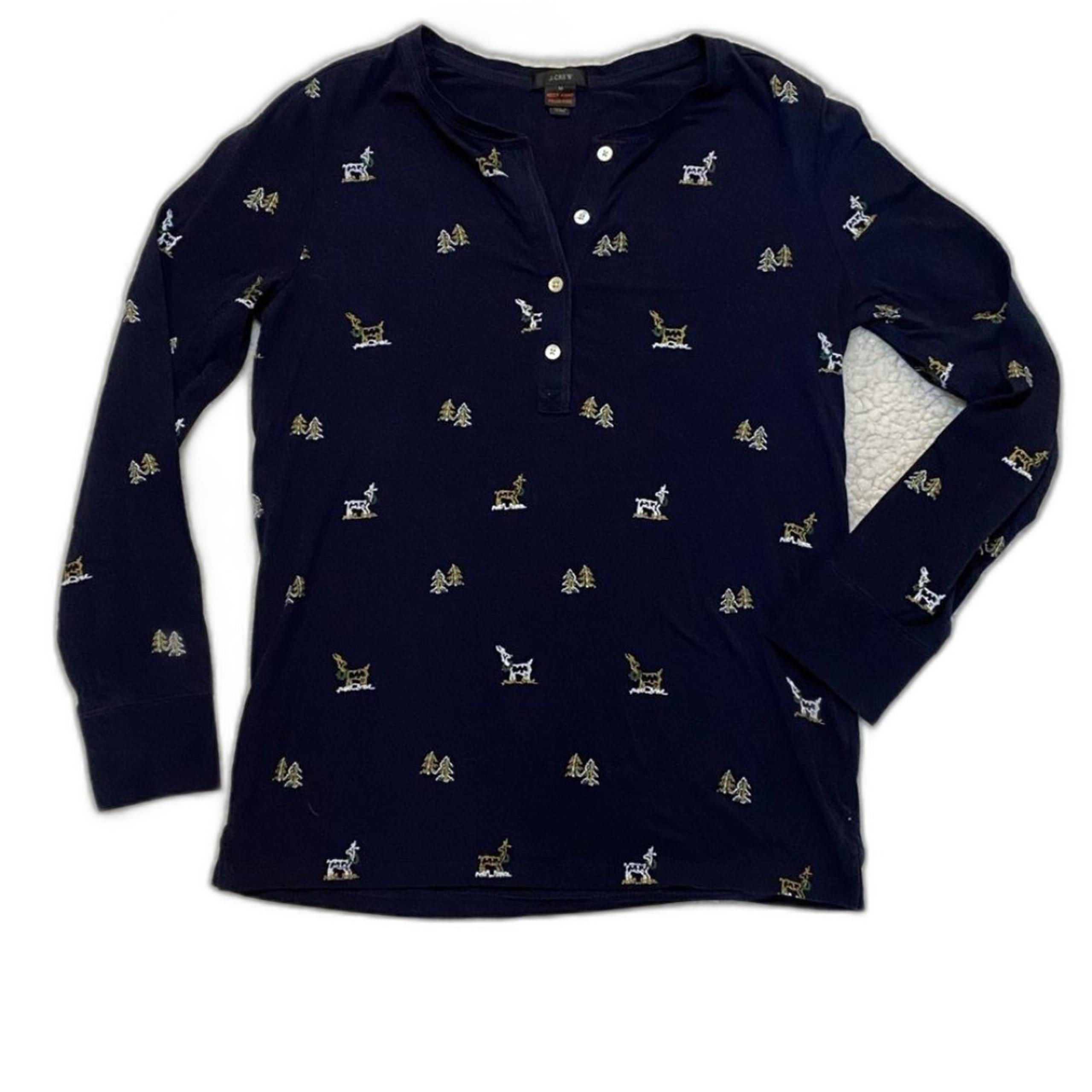 J. Crew Womens Navy Blue Lounge Pajama Top Stretch Deer Evergreen Lodge Medium