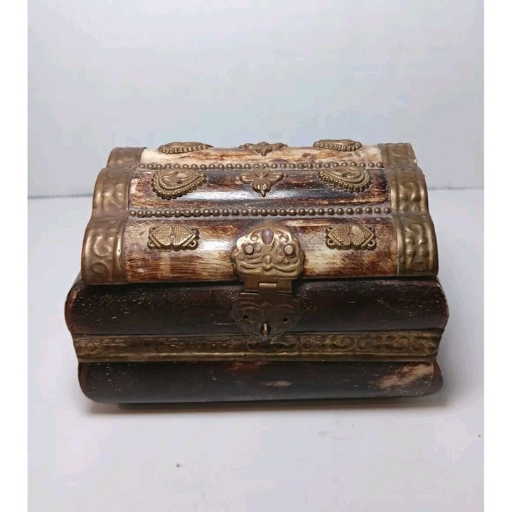 Vintage Camel Bone Brass Accents Hinged Lined Trinket Jewelry Box