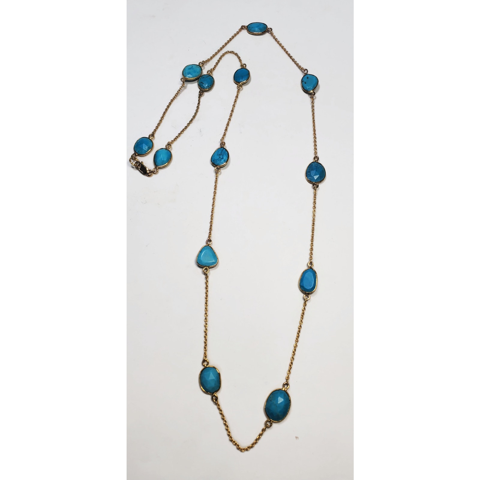Gold Tone Turquoise Bezel Station Necklace 32