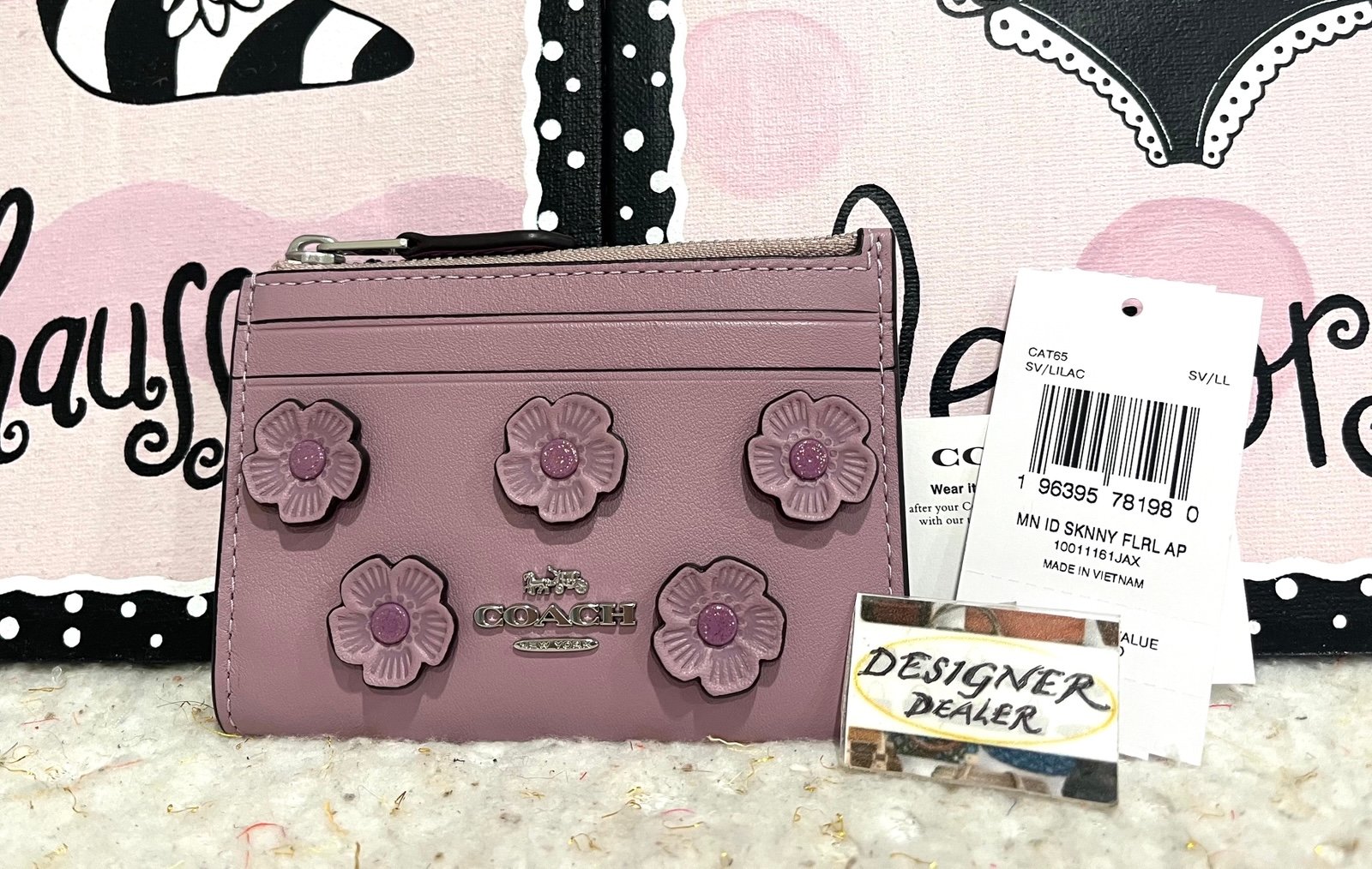 COACH Mini ID Skinny Floral Appliqué Card Case NWT CAT65 Lilac Pink