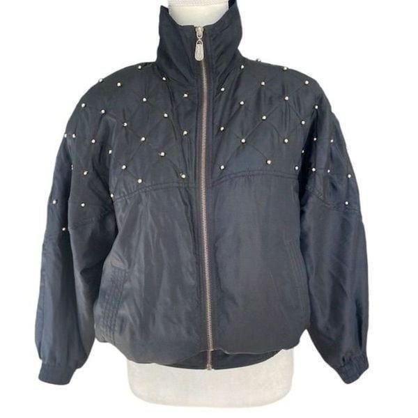 Vintage 90s Fuda Silk Women's Black Embellished Windbreaker Jacket P