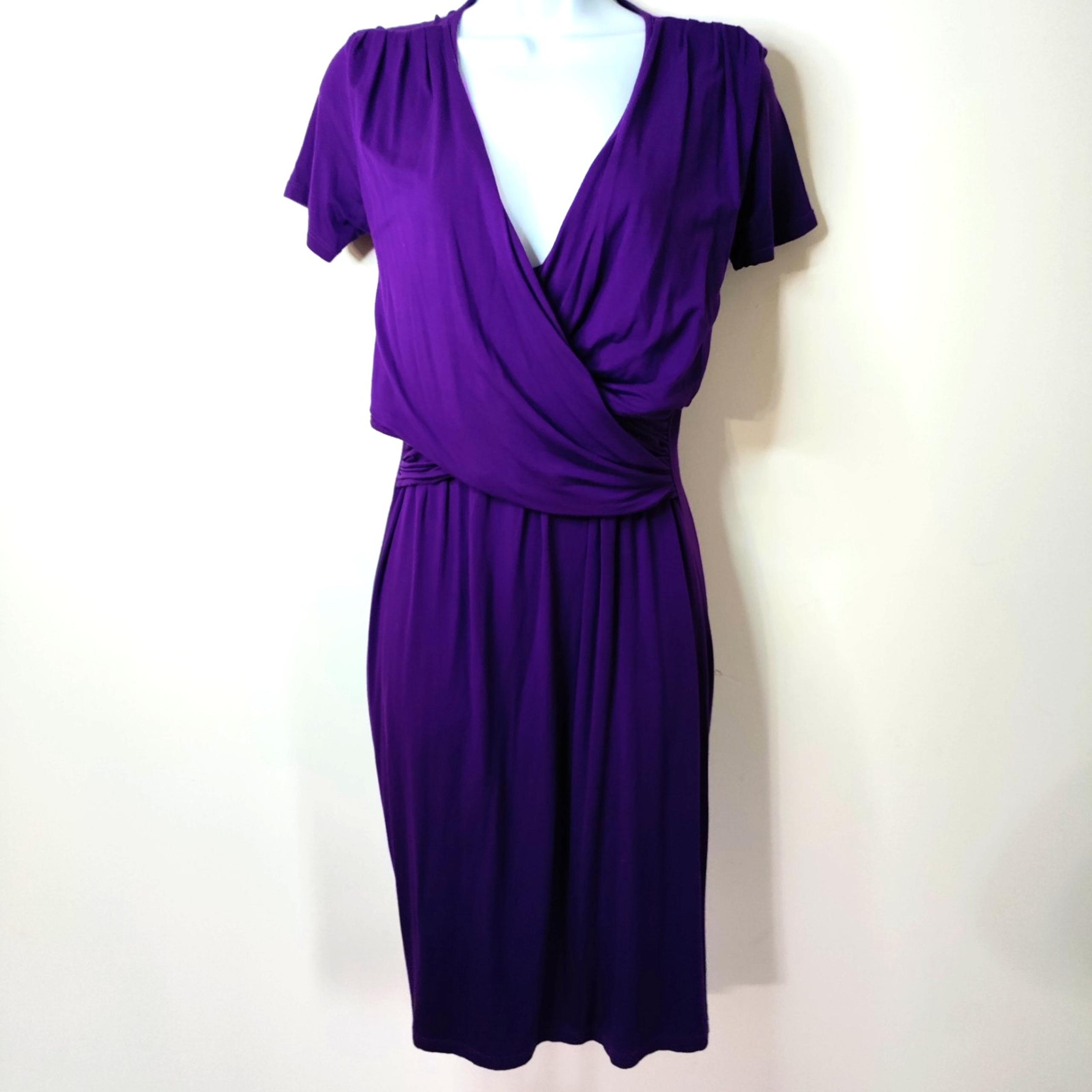 Baby Be Mine Purple M Stretch Cross Over Midi Flare Maternity Dress Comfy Ruched