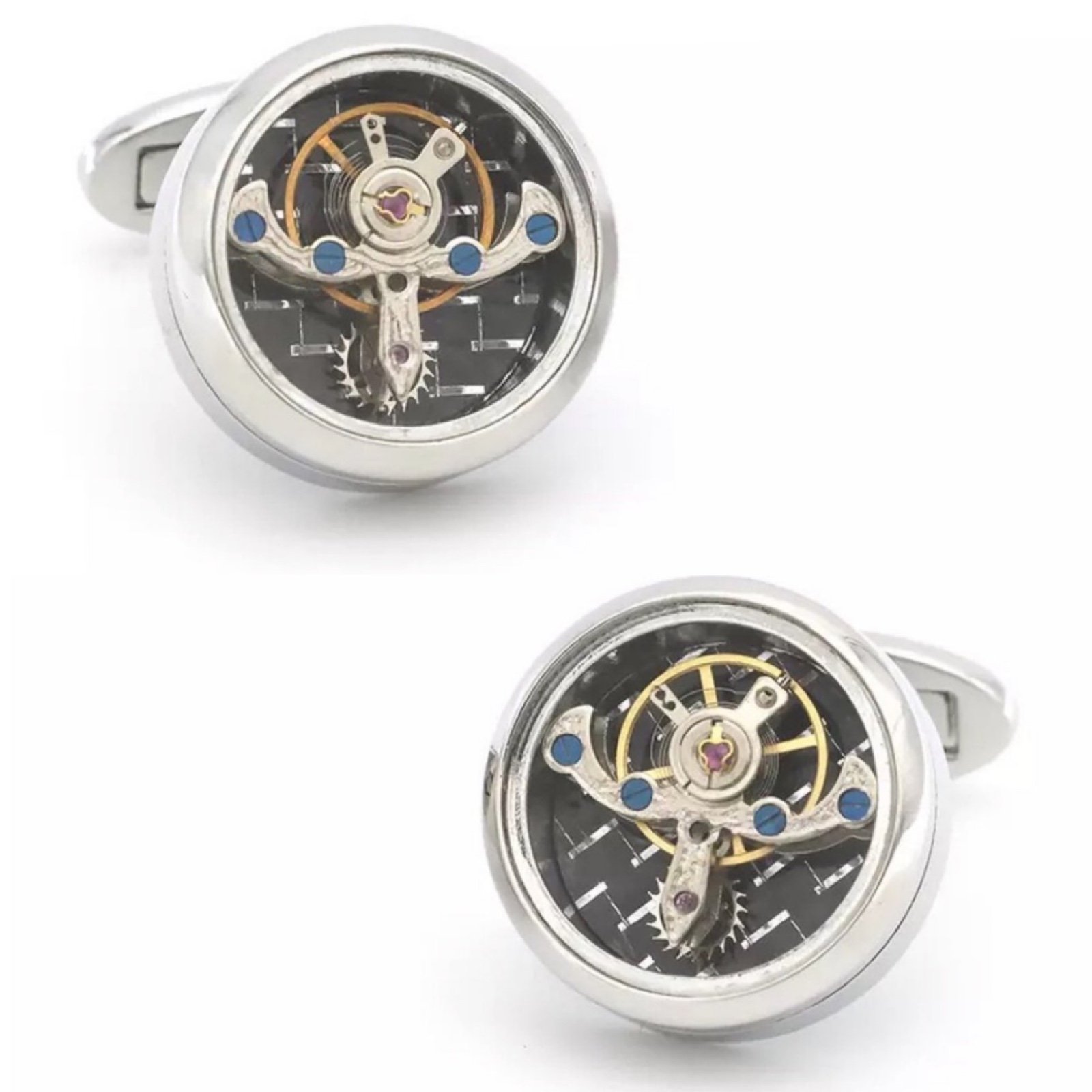Round Silver Steampunk Clock Gears Cufflinks