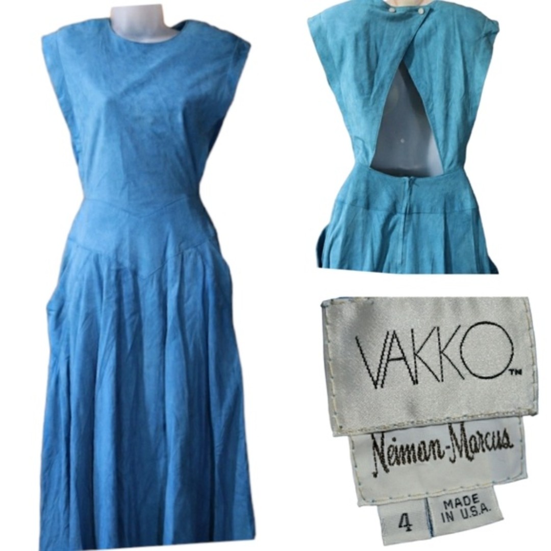 Vintage VAKKO Blue Suede Leather Open Back Midi Dress 4