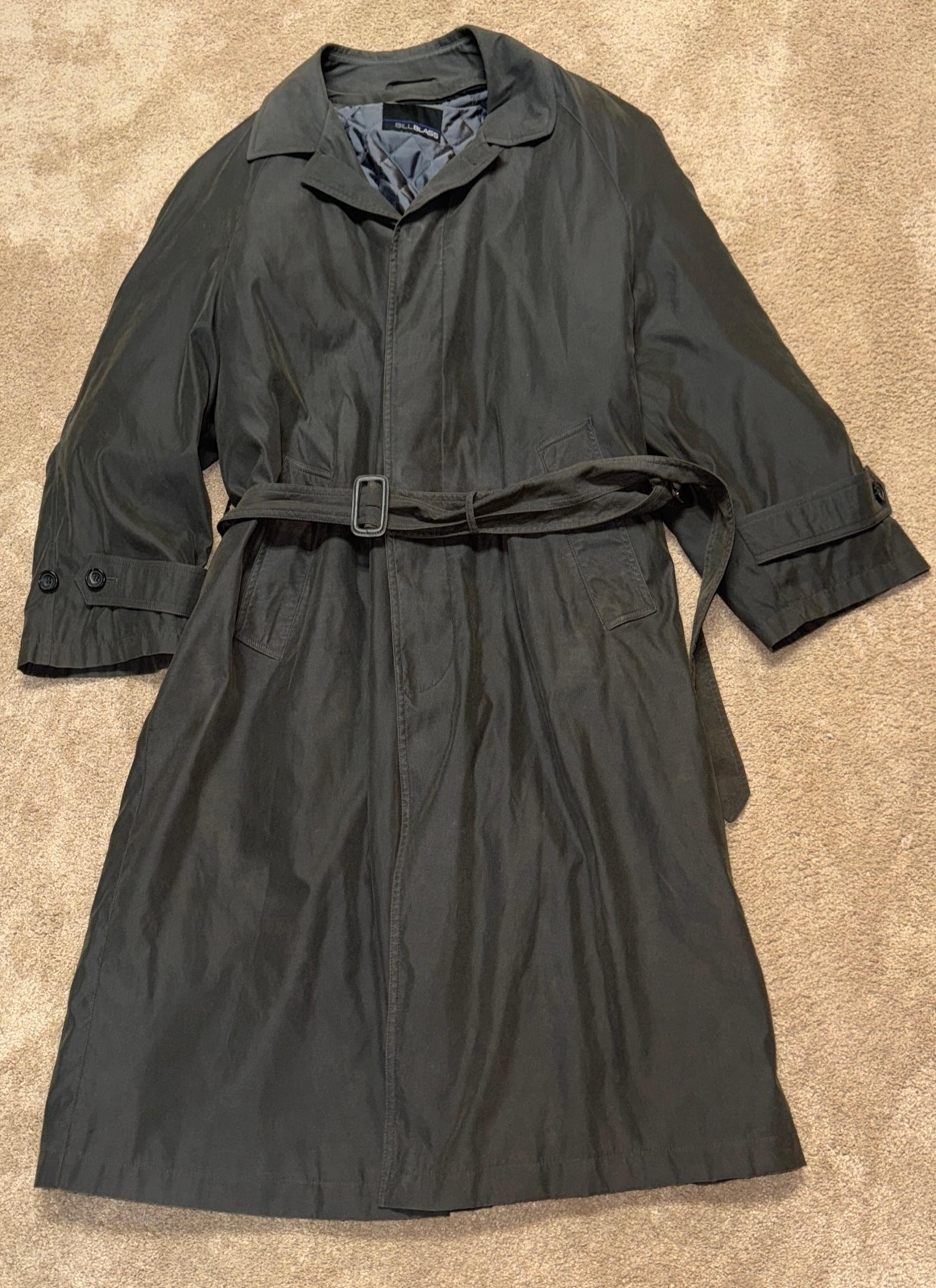 Bill Blass Vintage 80s Mens 40S Classic Trench Coat Long Rain Jacket Olive Green