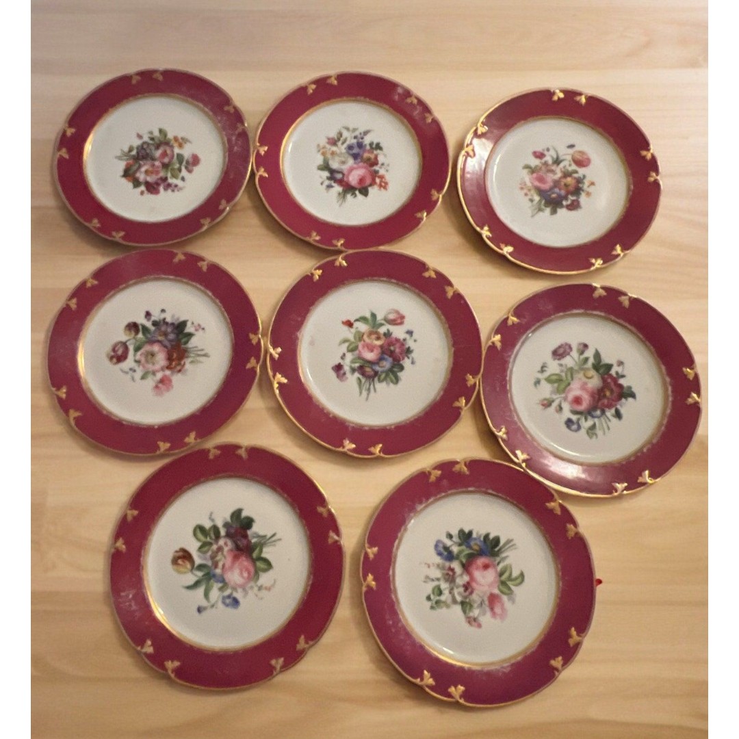 Edourd honore plates c. 1850 porcelain with maroon Hand painted
