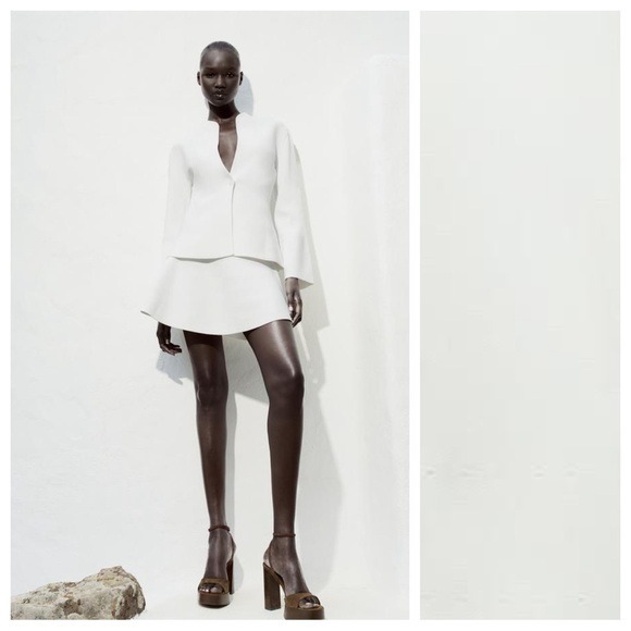 NWT. Zara White Viscose Fitted Knit Blazer without Lapels. Size M.