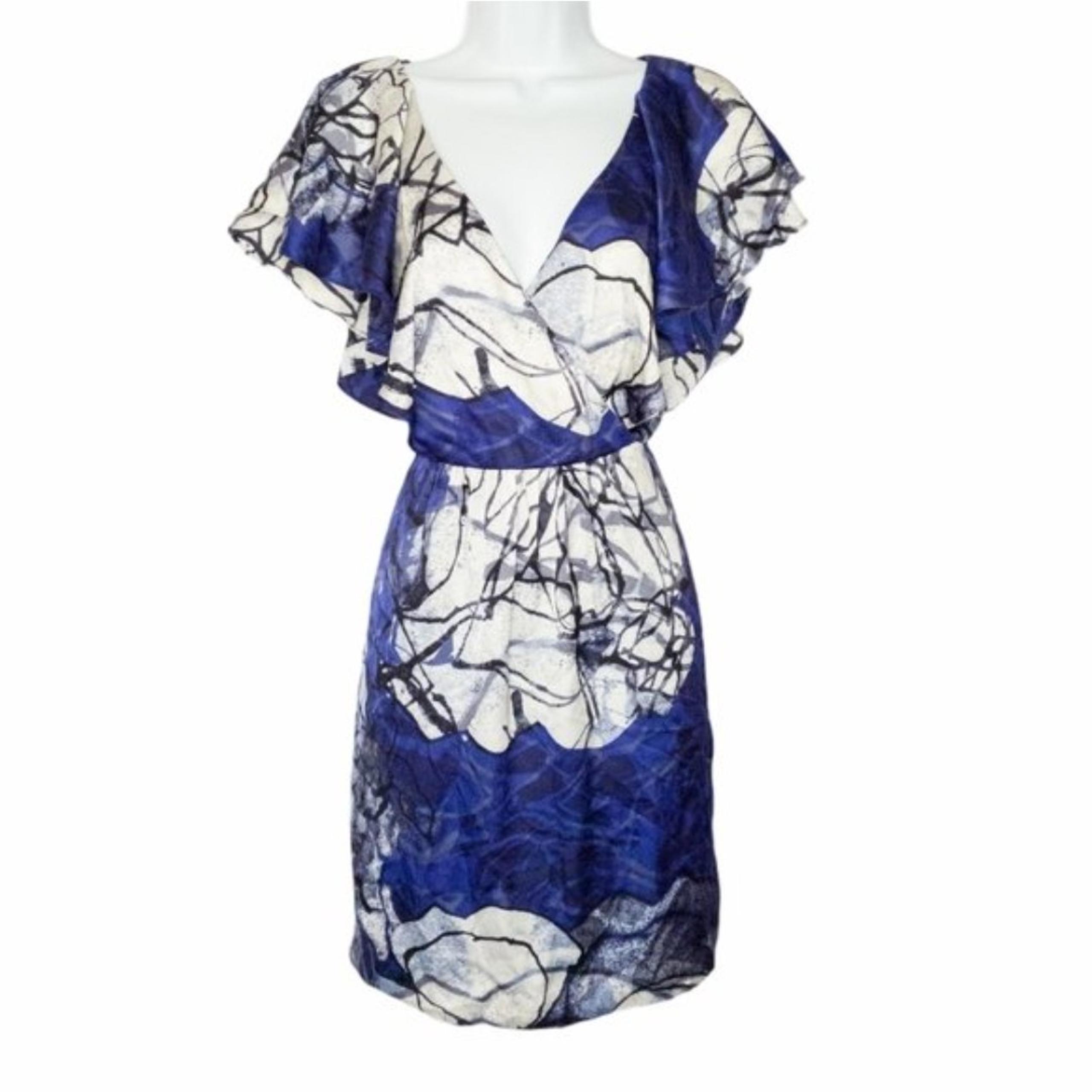 JULIE DILLON Ruffle Bodice Deep V Neck  Abstract Printed Georgette Dress