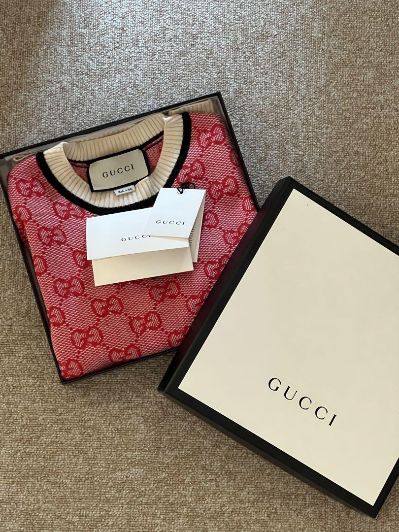 GUCCI Gucci Patterned Short-Sleeved Knit Sweater, T-shirt, Red, Ivory, Size S