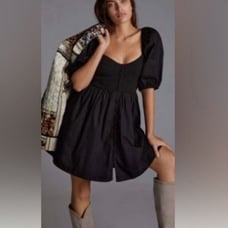 Anthropologie Maeve Puff Sleeve Sweetheart Mini Dress Black Size Medium NWT