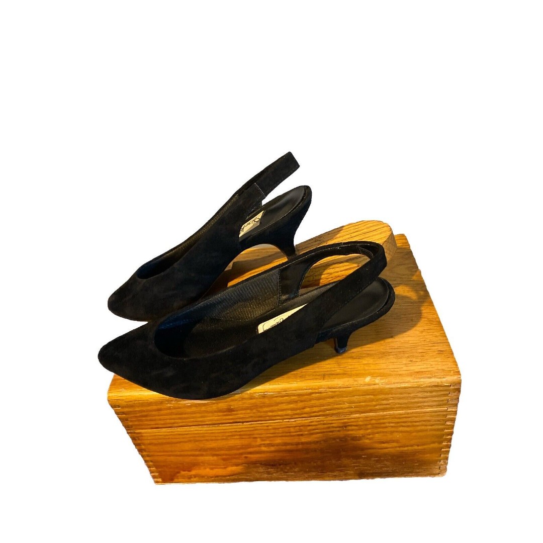 Diane Von Furstenberg Suede Kitten Sling Back 6 1/2 M 4616724 Black On Black