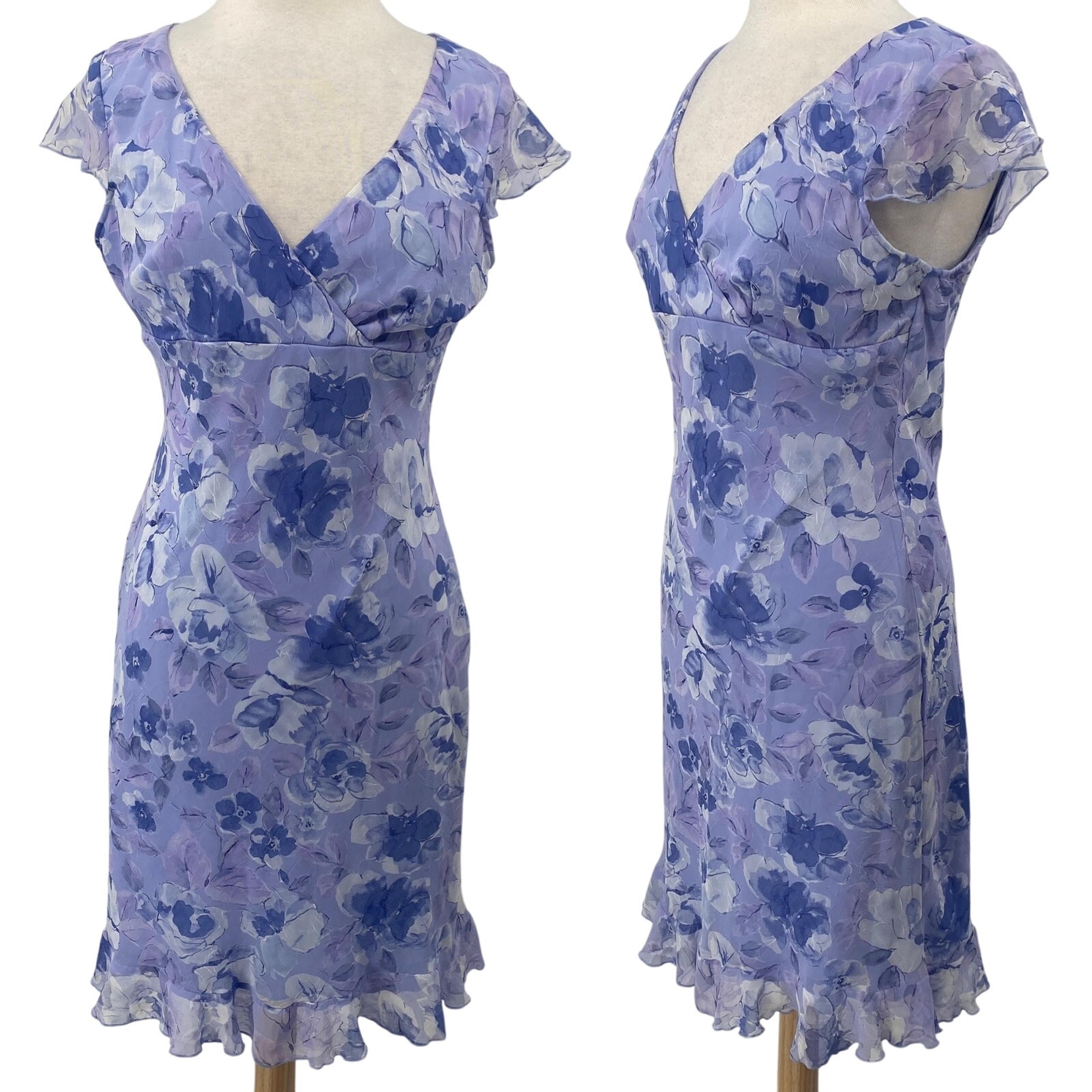 Vintage Y2k City Triangles Dress Floral Printed V Neck Surplice Purple Womens M