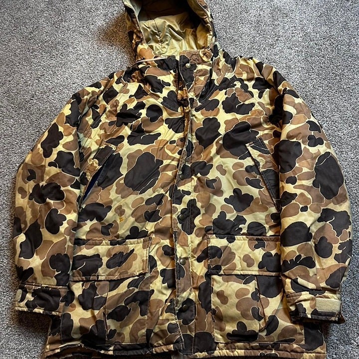 Vintage 1980s LL Bean Duck Camo Hunting Rain Jacket Hooded Parka Large USA Made