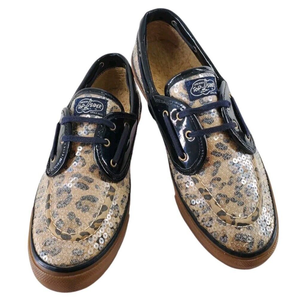 Sperry Topsider Cheetah Print Sequin Leather Sherpa Lined Boat Shoe Womens 9 M