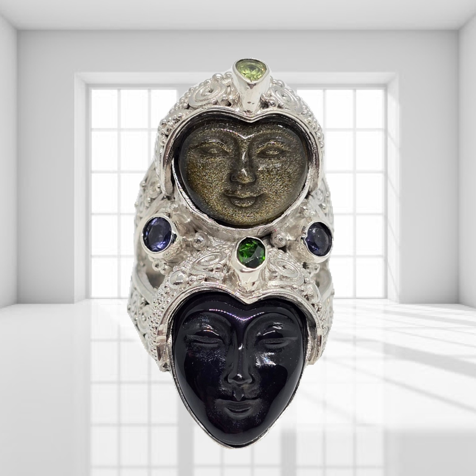 Sajen Silver Rainbow Black and Green Obsidian Multi-Gemstone Ring