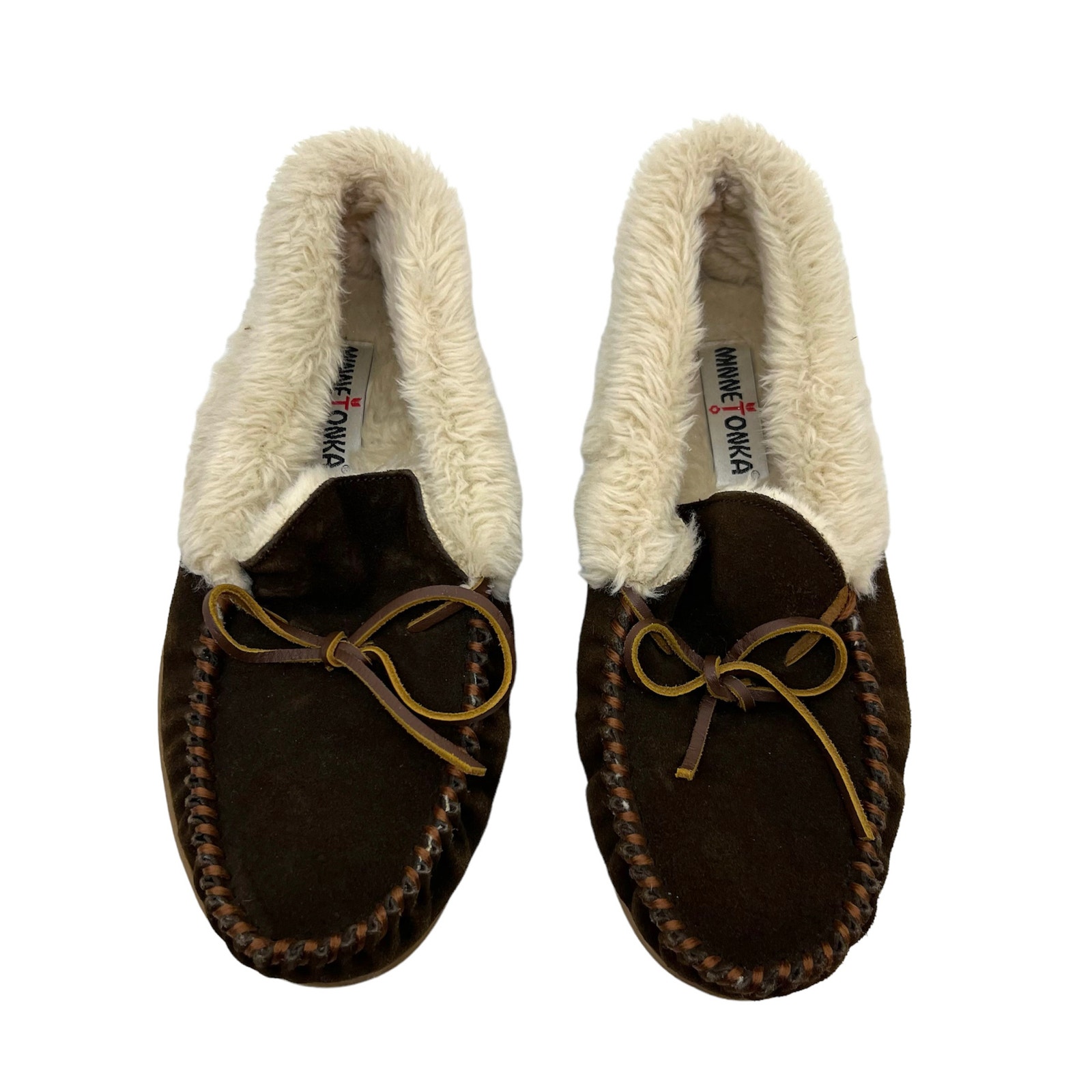 Minnetonka dark brown moccasin faux fur leather slipper loafer slip on size 10