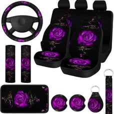 15 Pieces Polyester Fabric Purple Rose Art Flower Car Seat Cover Full Set