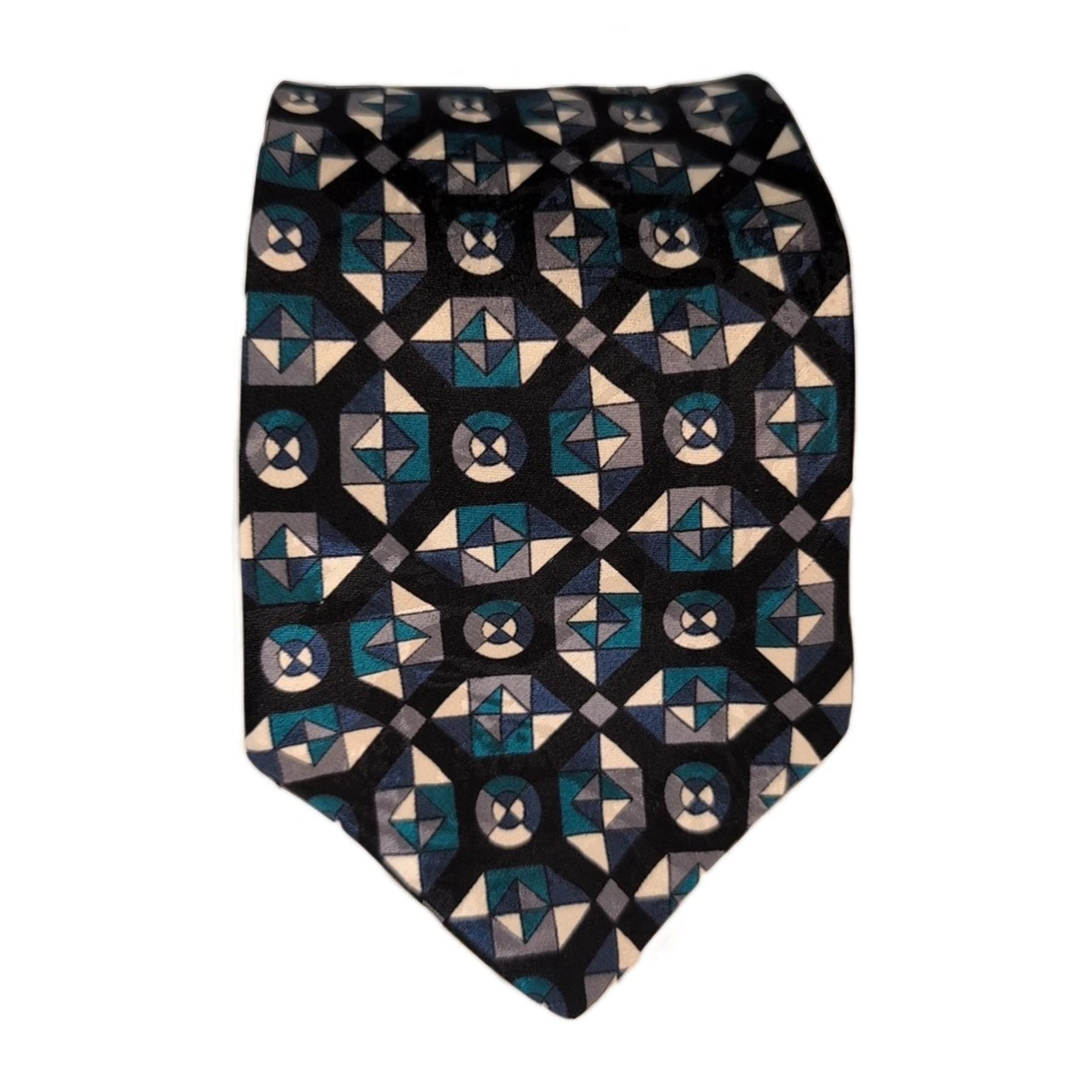 FERRACCI Men's Silk Tie Black Blue White Geometric 68"x4" Made in USA